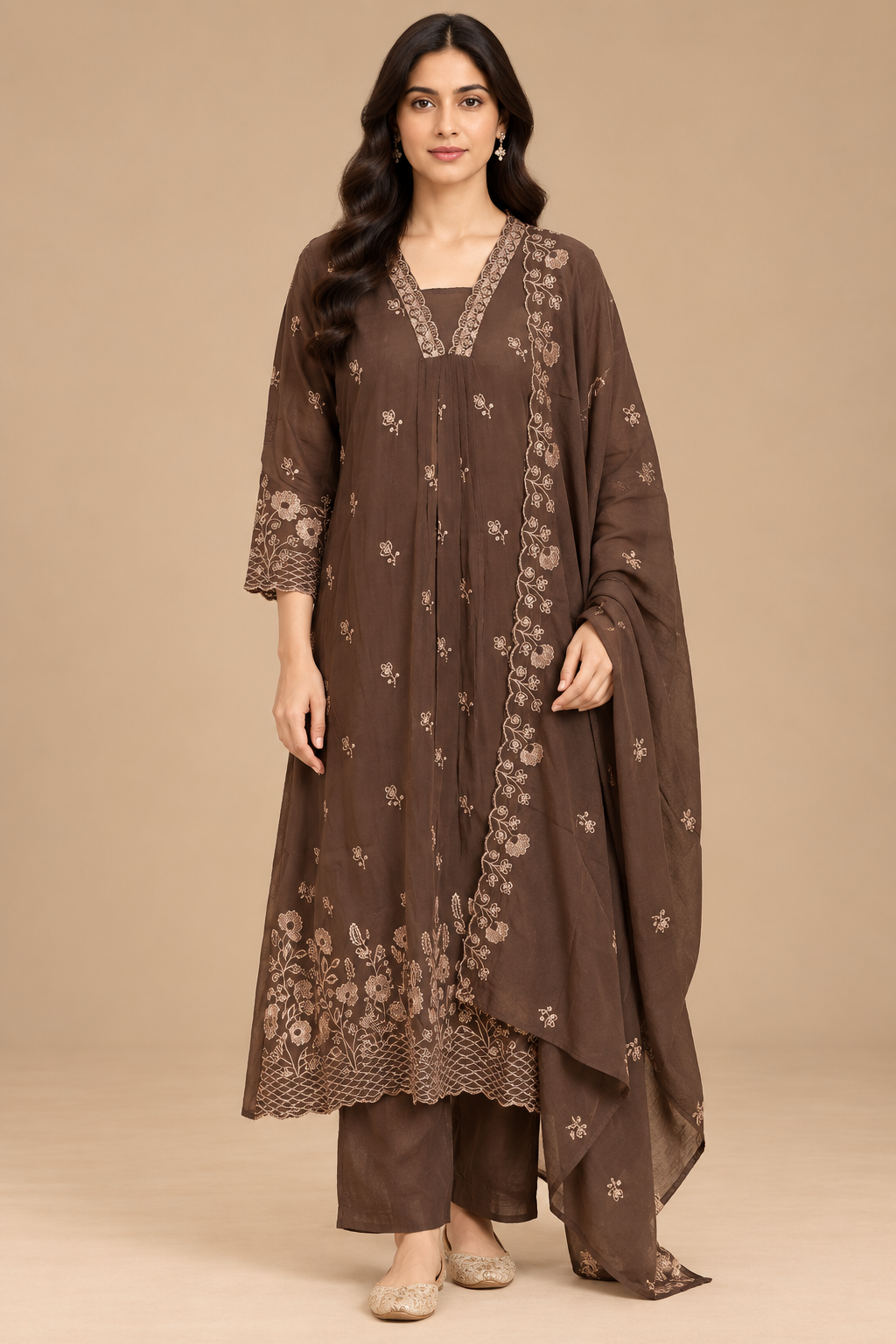 Chocolate Brown Floral Embroidered Kurta Set with Dupatta